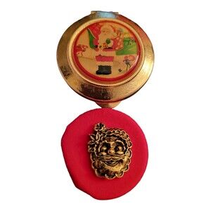 Vintage Goldtone Trinket Box with Santa Face Pin Back Inside *Read*